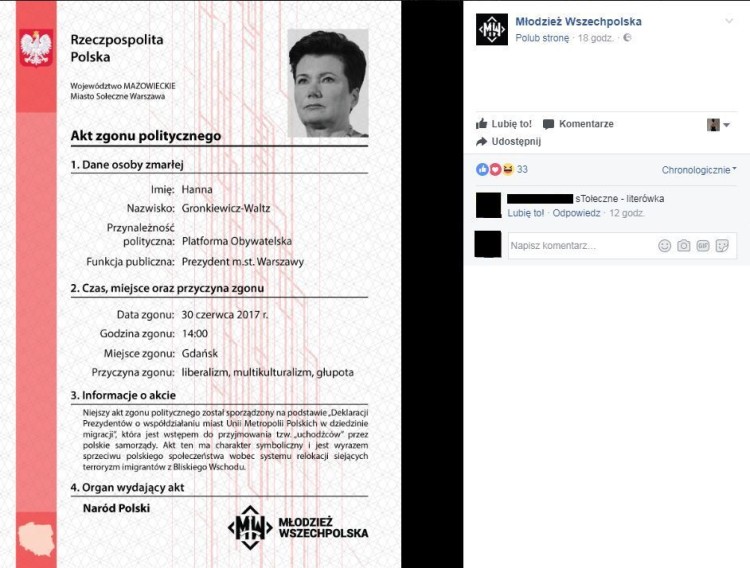 Młodzież Wszechpolska wystawiła akt zgonu Rafała Dutkiewicza. Powód? Uchodźcy, Fanpage Młodzieży Wszechpolskiej