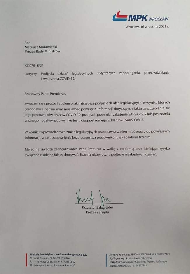 Koronawirus w MPK Wrocław. Balawejder apeluje do premiera ws. szczepień i testów, MPK Wrocław
