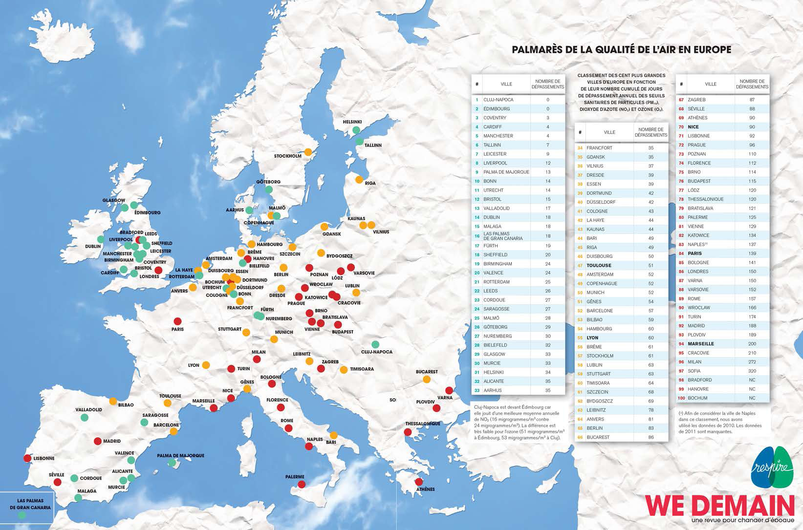 Mapa najmniej i najbardziej zanieczyszczonych miast w Europie [kliknij, aby powiększyć]