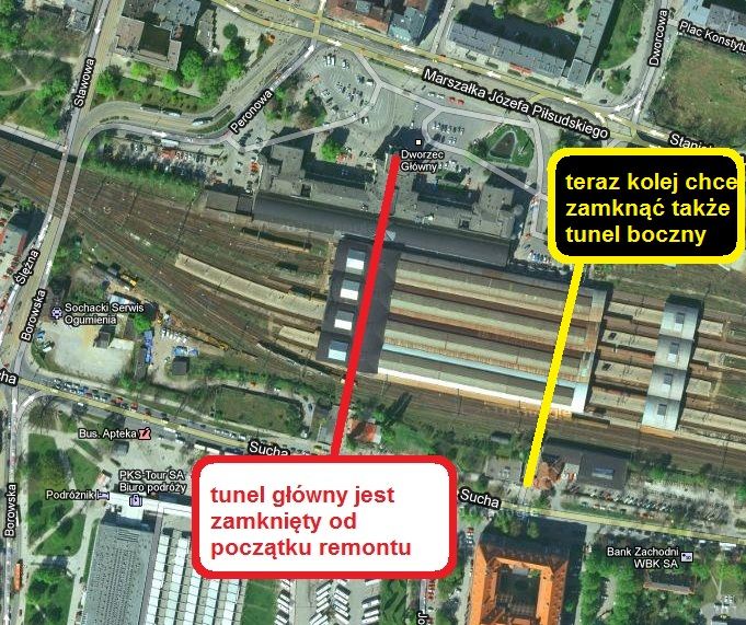 Kolejarze chcą zamknąć drugi tunel pod Dworcem Głównym, źródło: maps.google.com