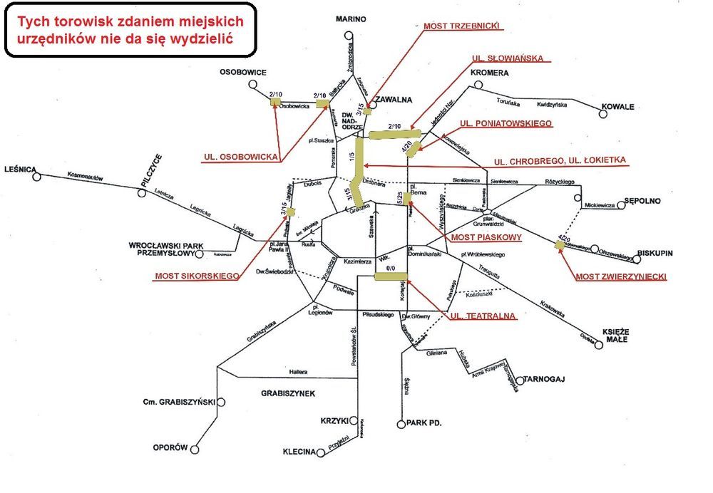 Oto mapa z zaznaczonymi torowiskami, o których UM stwierdził, że wydzielał ich nie będzie. Jak widać odcinka Podwala między pl. Orląt Lwowskich a Jana Pawła II tu nie ma.