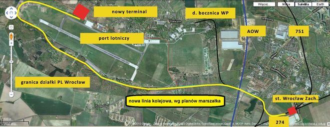 Marszałek zbuduje linię na lotnisko od południa, źródło: UMWD na podstawie maps.google.com