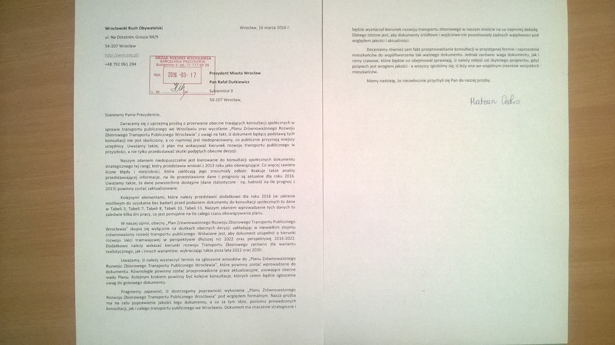Apelują do Dutkiewicza o przerwanie konsultacji w sprawie planu transportowego. „Dokument zawiera rażące błędy”, mat. prasowe