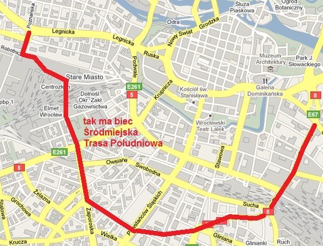 Droga za Świebodzkim, łącząca Grabiszyńską z Robotniczą, opóźniona, źródło: google.maps.com