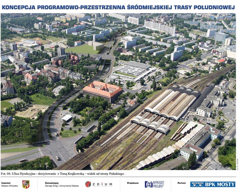 Widok trasy w okolicach dworców PKP i PKS. Widać wlot do tunelu na wysokości ul. Borowskiej.