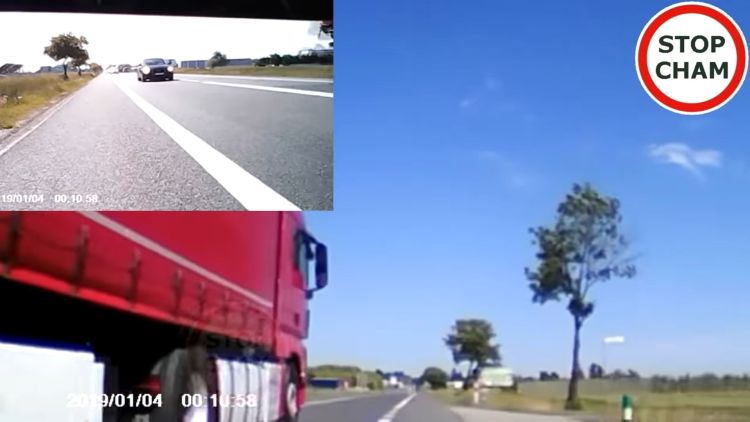 Niebezpieczne spotkanie motocyklisty z tirem pod Wrocławiem. Było blisko! [WIDEO], STOP CHAM