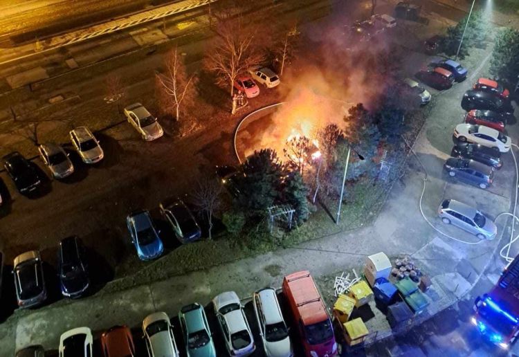 Pożar na parkingu na Kozanowie. Auta spłonęły doszczętnie, 