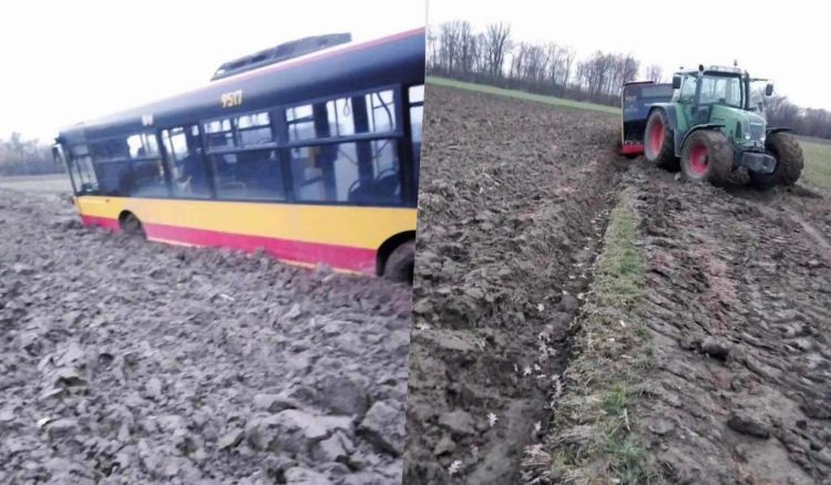 Kierowca autobusu chciał skrócić drogę. Zakopał się w polu, Gminni Aktywiści