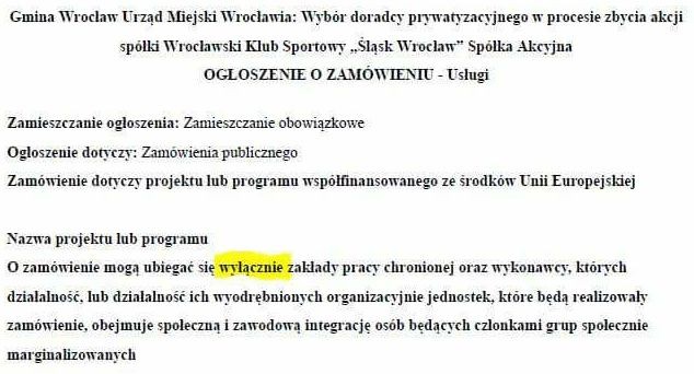 Zmiana w ogłoszeniu o pracy dla doradcy przy sprzedaży Śląska Wrocław. Zabrakło słowa 