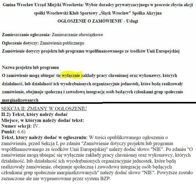 Zmiana w ogłoszeniu o pracy dla doradcy przy sprzedaży Śląska Wrocław. Zabrakło słowa 