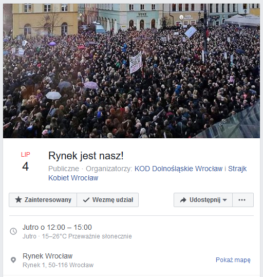 Wiec Andrzeja Dudy we Wrocławiu nielegalny? Opozycja szykuje kontrmanifestacje: „Rynek jest nasz!”, facebook.com