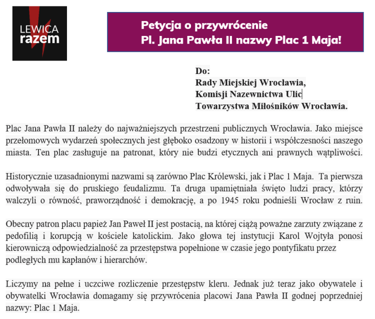 Wrocław: Chcą przywrócić pl. Jana Pawła II dawną nazwę, a świętego zastąpić feministką, Lewica Razem