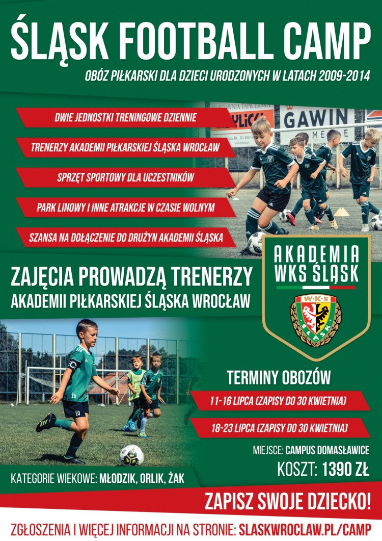 Piłkarskie lato ze Śląskiem Wrocław. WKS zorganizuje piłkarskie obozy dla najmłodszych, mat. prasowe