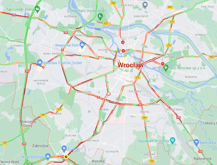Armagedon na ulicach Wrocławia. Gigantyczne korki, Google
