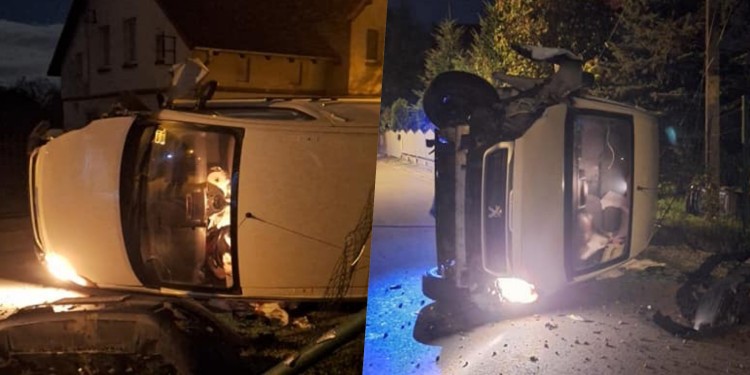 Wrocław: Wypadek na Jerzmanowie. Kobieta wjechała w słup, auto na boku, FB/Osiedle Jerzmanowo