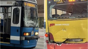 Kłopoty pasażerów MPK Wrocław: Wypadek tramwaju i autobusu miejskiego [ZDJĘCIA]