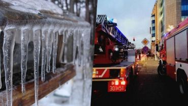 Wrocław: Niebezpieczne sople lodu wiszą na dachu szkoły. Strażacy w akcji