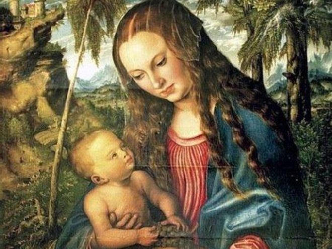 Fragment obrazu Łukasza Cranacha Młodszego „Madonna Pod Jodłami”