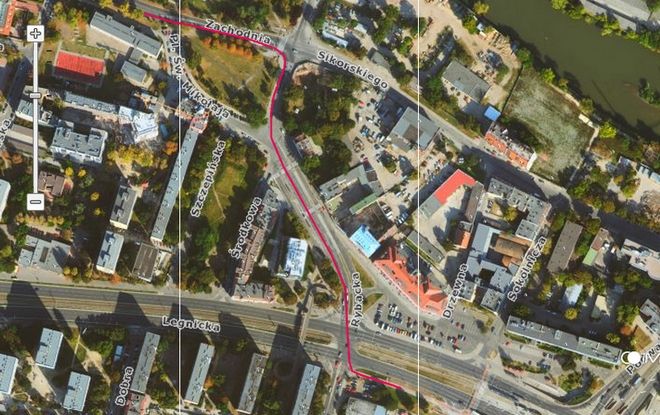 Mapa 1: tak rowerzysta powinien jechać na odcinku Zachodnia - Rybacka - Legnicka