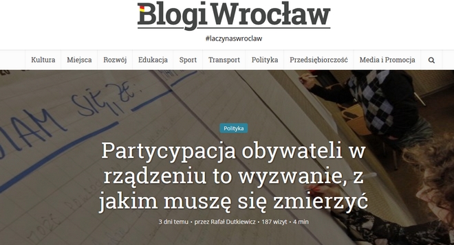 Oskarżał urzędników o cenzurę i krytykował Dutkiewicza. Na platformie Blogi Wrocław nie ma już dla niego miejsca, screen z blogi.wroclaw.pl