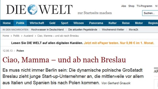 ''Żegnaj mamo, jadę do Wrocławia'' - artykuł o takim tytule pojawił się w niemieckim dzienniku Die Welt