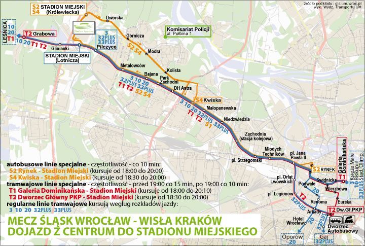 Na mecz Śląska z Wisłą Kraków najłatwiej dotrzeć komunikacją miejską, UM Wrocławia