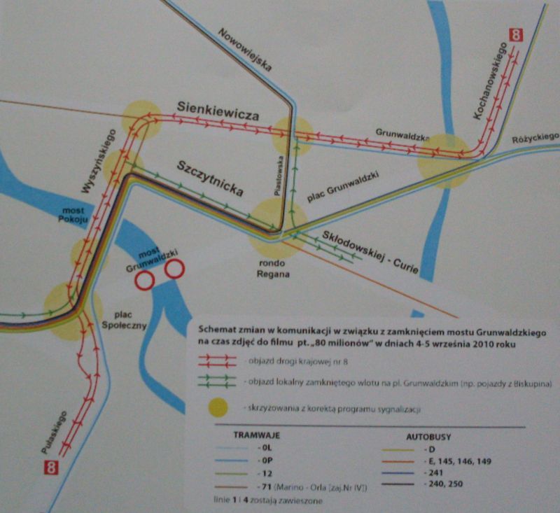 Schemat zmian w komunikacji w związku z zamknięciem Mostu Grunwaldzkiego.